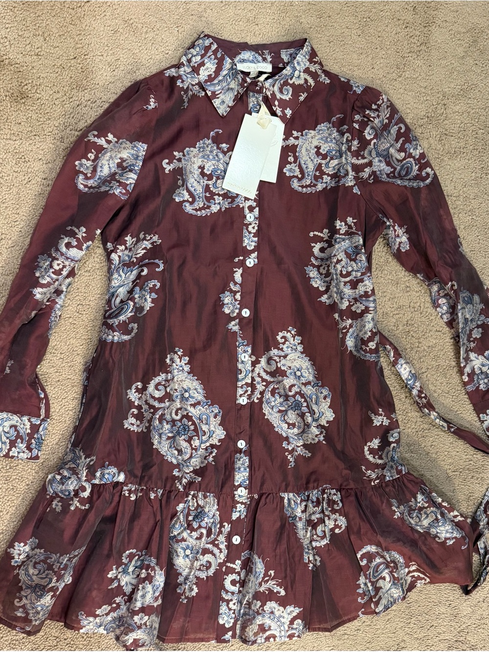 Paisley-Print Long Sleeve Tie-Waist Dress in Burgundy - Picture 3 of 6